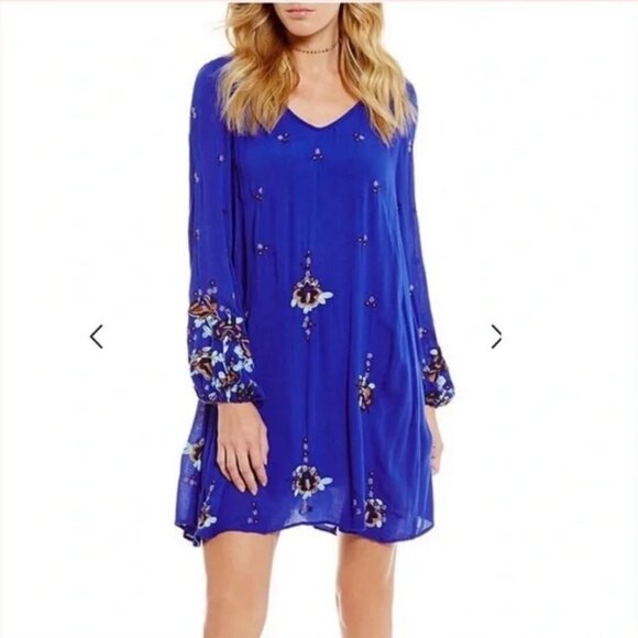 Free People Oxford Embroidered Blue Long Sleeve Cutout Back Mini Shift Dress M - Picture 5 of 16
